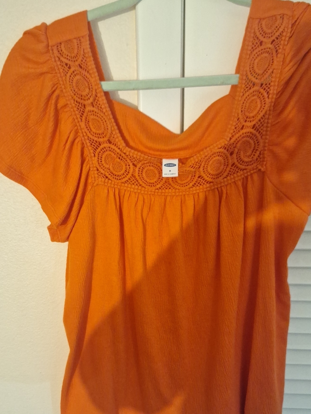 Old Navy Bright Orange Crochet Yoke Scoop Neck Blouse
